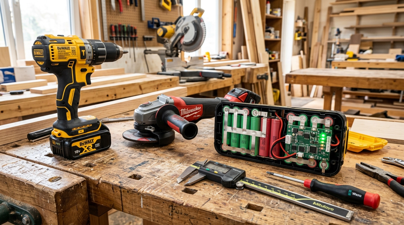 Aku nářadí DeWalt a Milwaukee s rozebranou baterií